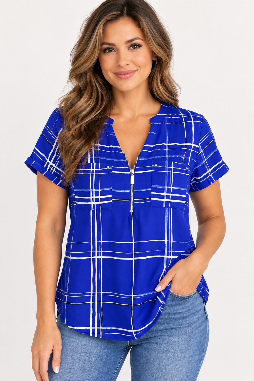 Apt. 9 Blue Plaid Zip Front Women's Blouse